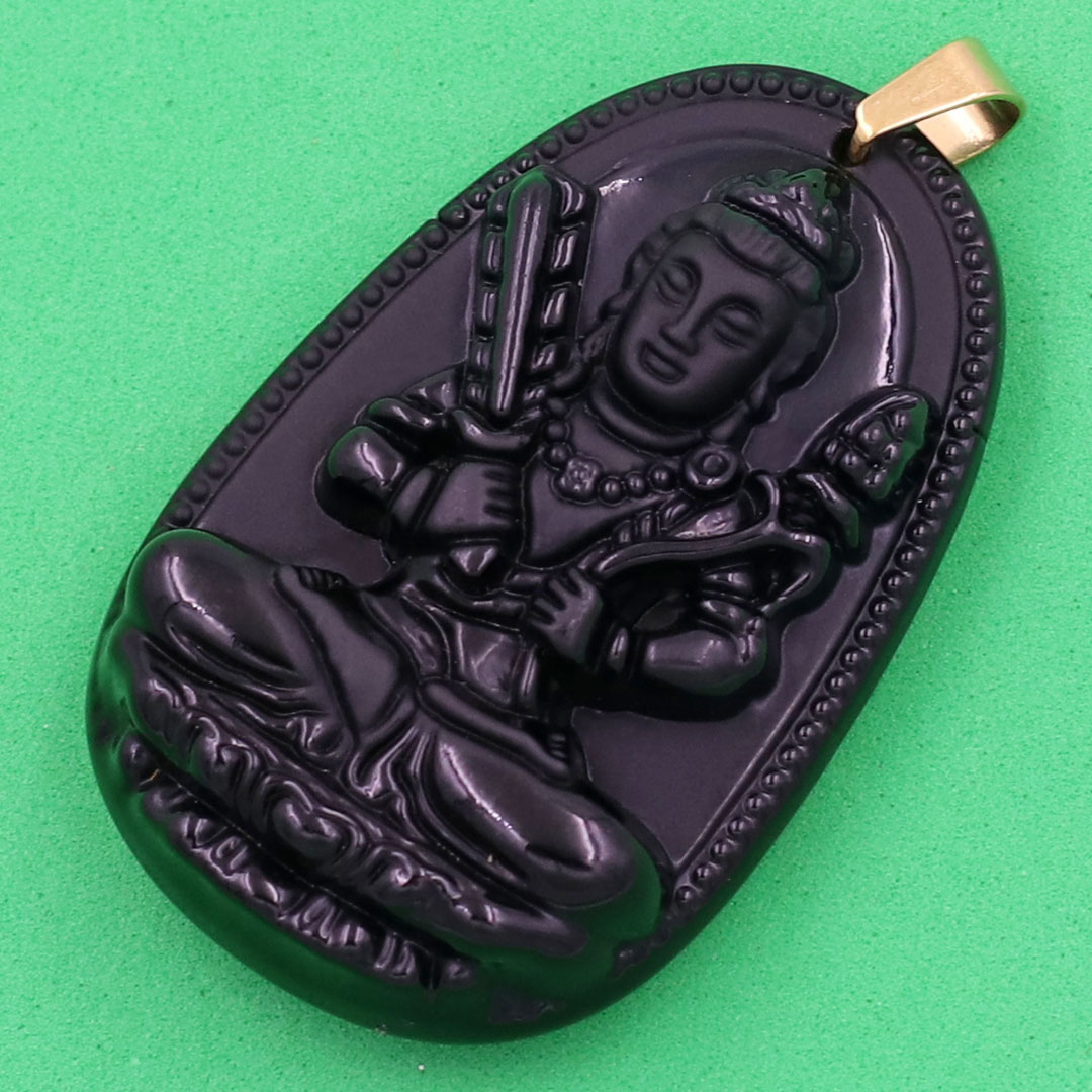 Mặt Phật Hư Không Tạng Bồ Tát thạch anh đen 3.6cm - phật bản mệnh tuổi Sửu, Dần - Móc inox