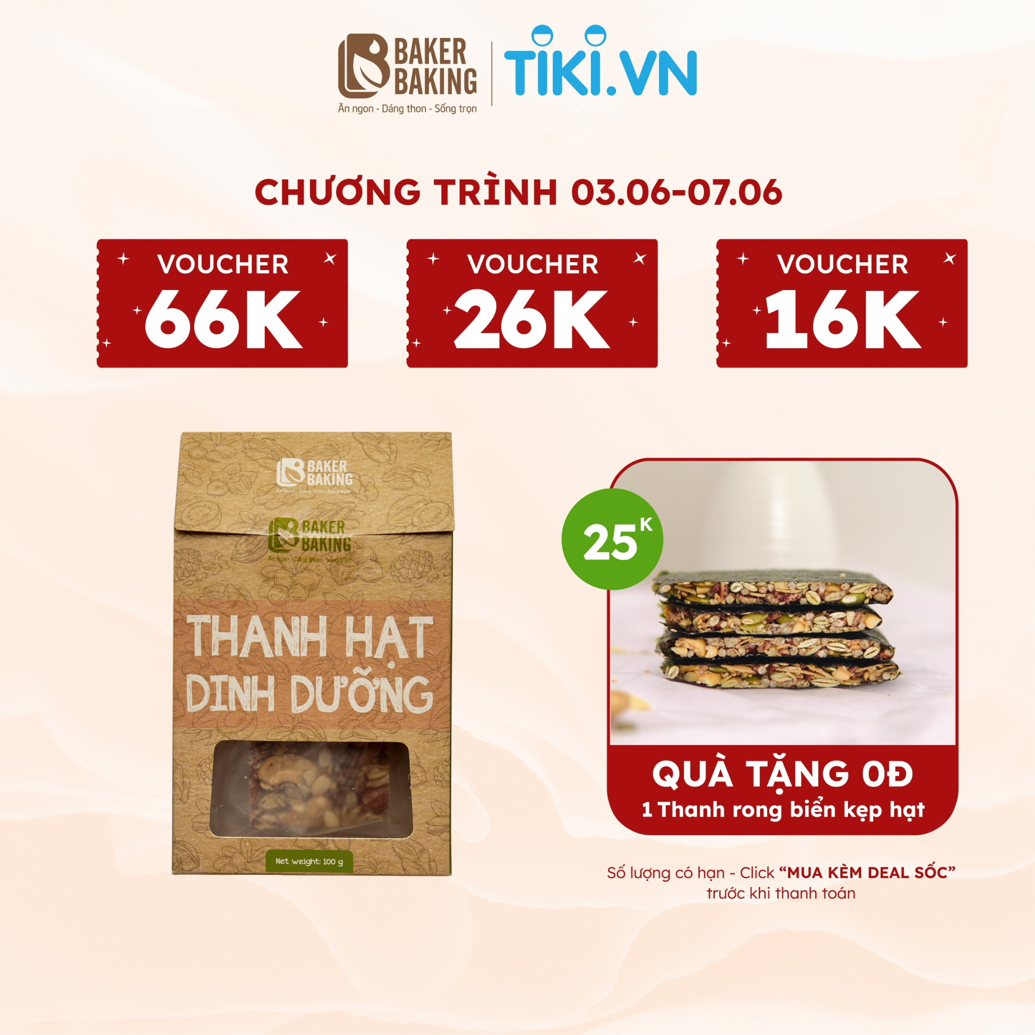 Bánh thanh hạt dinh dưỡng Baker Baking không đường, không chất bảo quản, tiện lợi hỗ trợ tập luyện, tăng cơ 100g