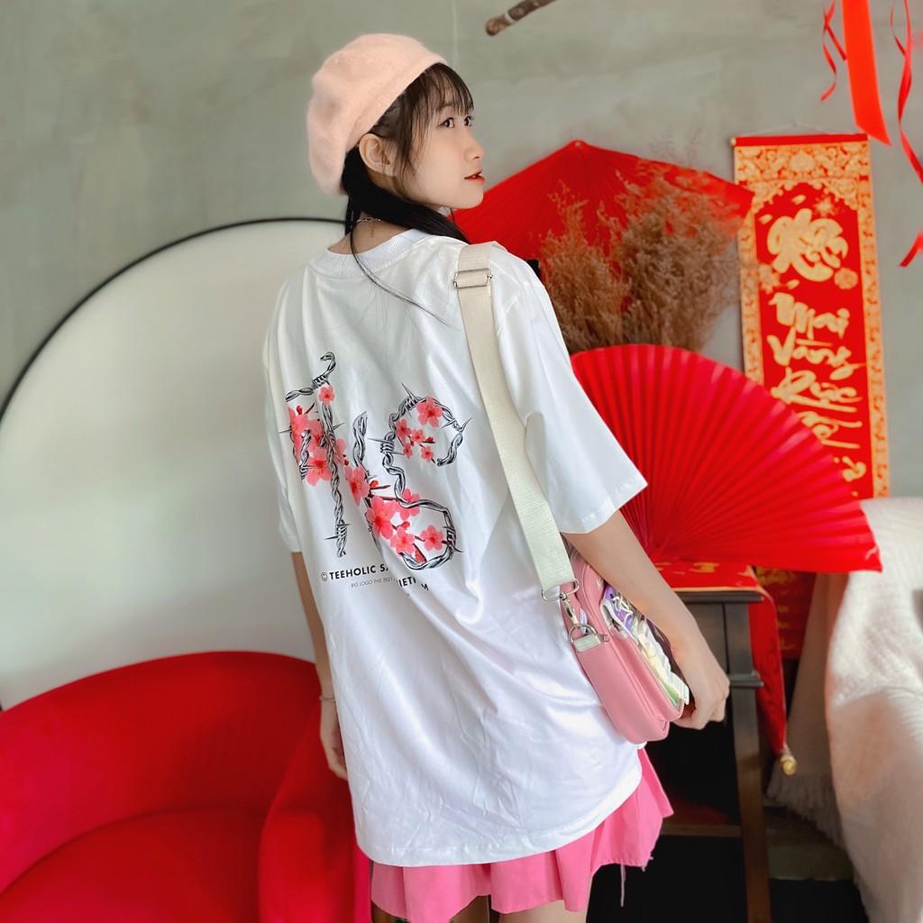 Áo Thun Unisex In Hình Hoa Đào Tết 2021 Logo THS - Màu Đen Trắng Tím