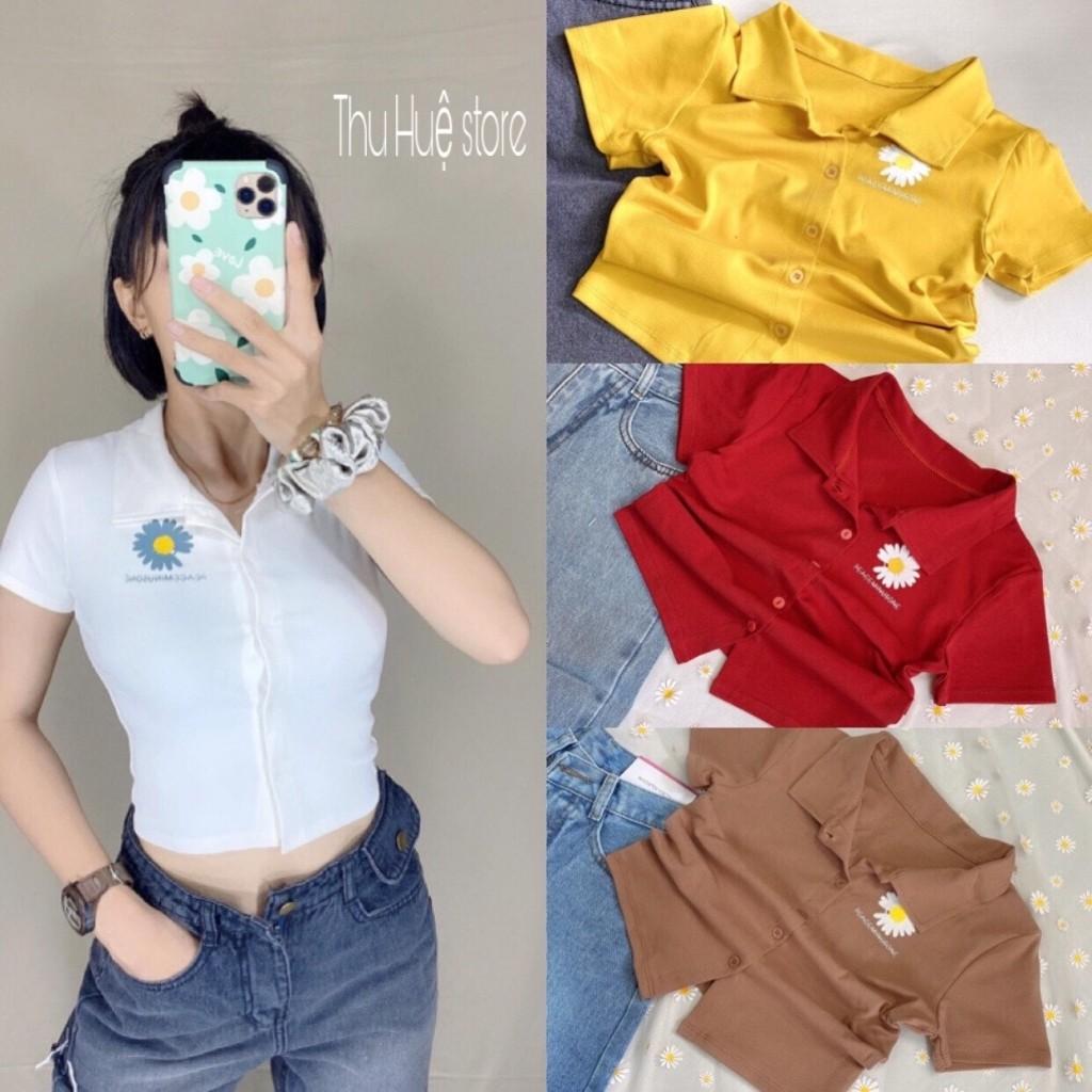 Áo Croptop Cổ Bẻ In Hình Hoa Cúc Hottrend-Chất Cotton Siêu Co Giãn