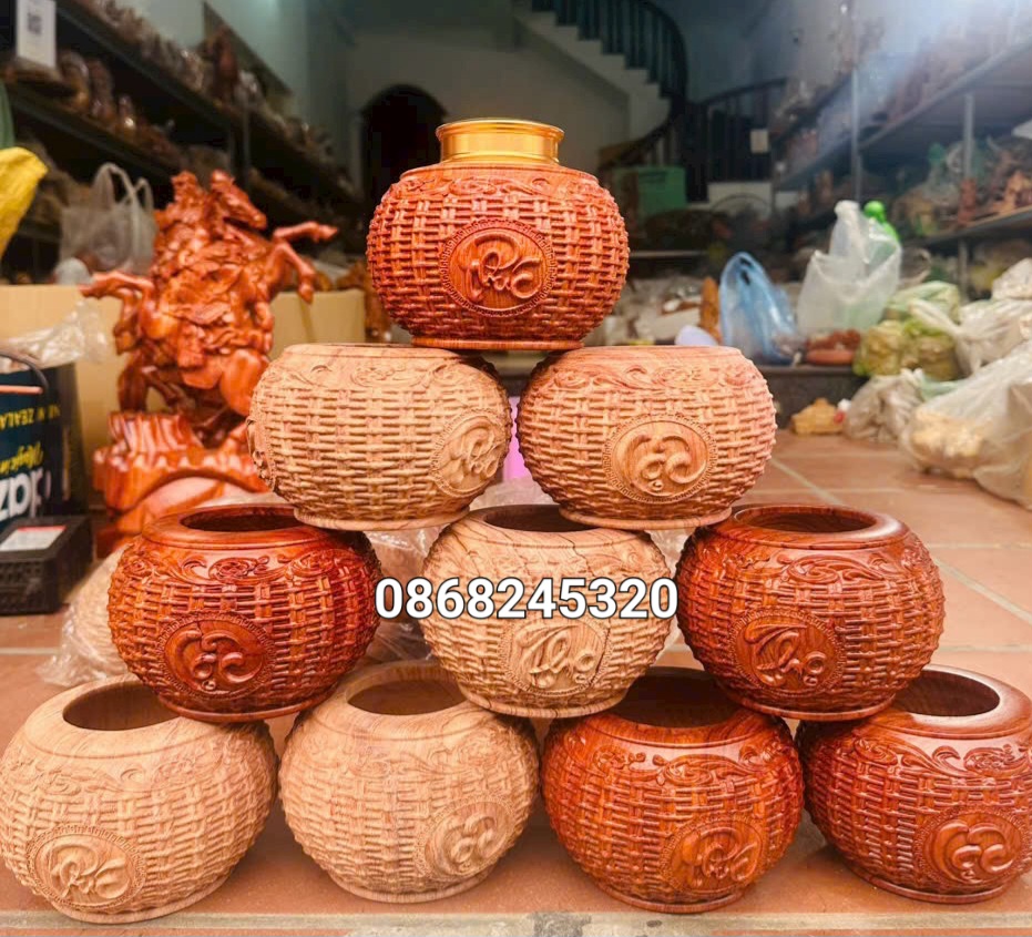 Hũ phúc lộc thọ phong thủy bằng gỗ hương đá kt 14×24×12cm