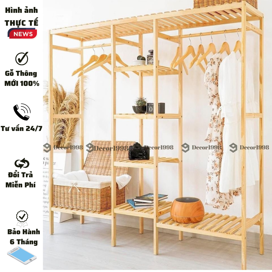 KỆ TREO ĐỒ 3 NGĂN, KỆ 3 BUỒNG GỖ THÔNG NHẬP KHẨU