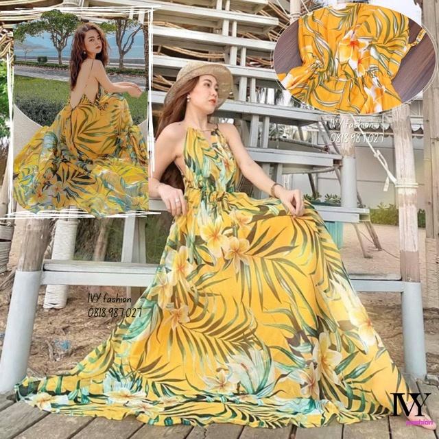 Đầm váy maxi hoa vàng hở lưng voan lót lụa mút ngực 2 dây hở ivy fashion đi biển dự tiệc dạo phố bigsize gợi cảm sexy