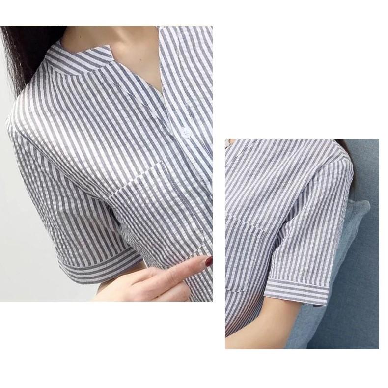 Áo sơ mi nữ Haint Boutique áo cổ tàu thiết kế kẻ sọc nhỏ s51