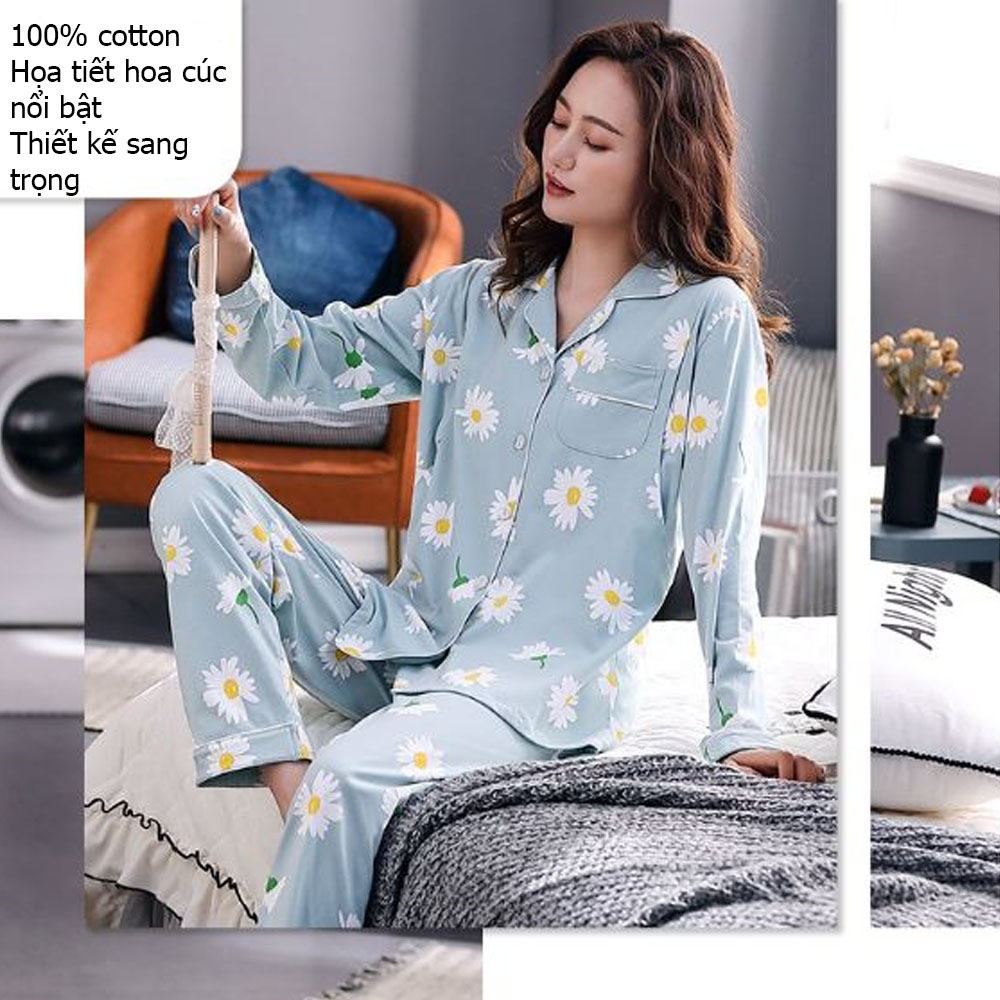 Bộ Đồ Pyjama Bầu Và Sau Sinh Dài Tay Az9446 Chất Liệu 100%Cotton Họa Tiết Hoa Cúc Dễ Thương Có Thiết Kế Cho Bé Ti