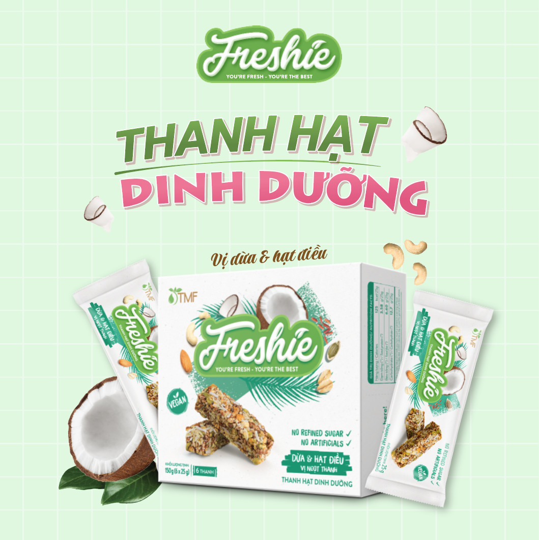 Thanh hạt Freshie Dừa &amp; Hạt điều gạo lứt ngũ cốc thuần chay cung cấp năng lượng 150gr TÂM MINH FOODS