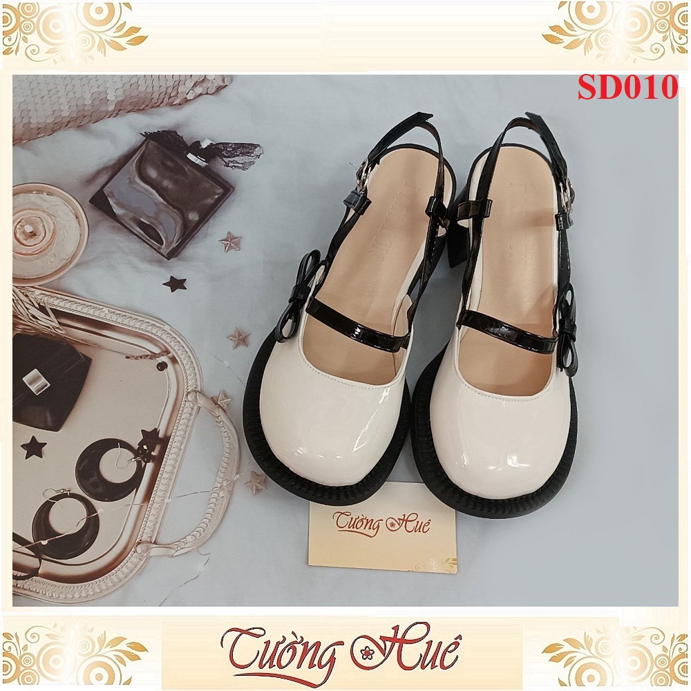 Giày Sandal Cao Gót Nữ Da Bóng Phối Nơ Gót Vuông Cao 6CM - Hàng Quảng Châu