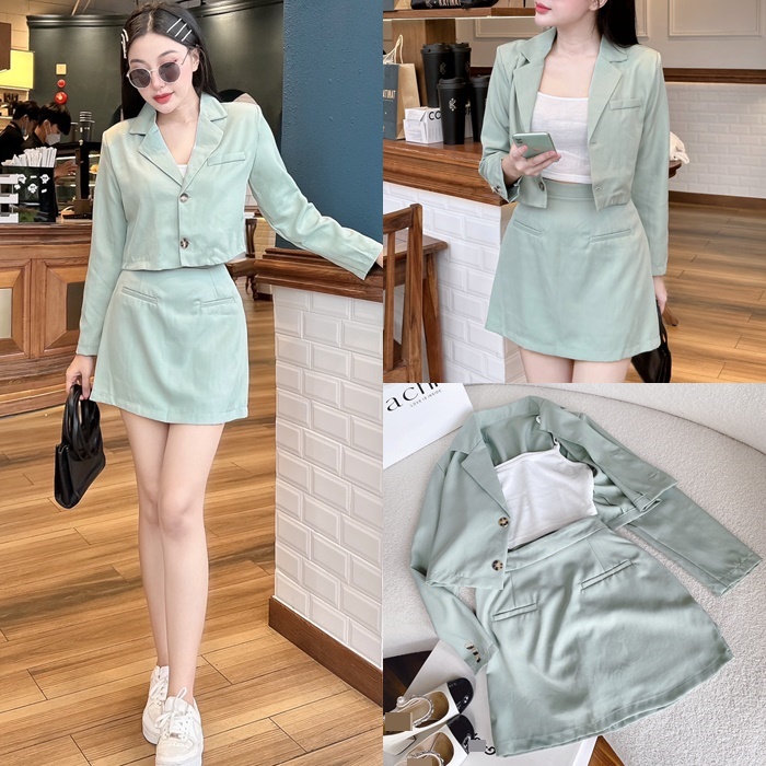 ĐẦM SET ÁO KHOÁC VEST BLAZER LỬNG SUÔNG TRƠN TAY DÀI XANH PASTEL + CHÂN VÁY CHỮ A NGẮN LƯNG CAO + ÁO CROPTOP 2 DÂY ĐI TIỆC DẠO PHỐ ĐI CHƠI CÔNG SỞ