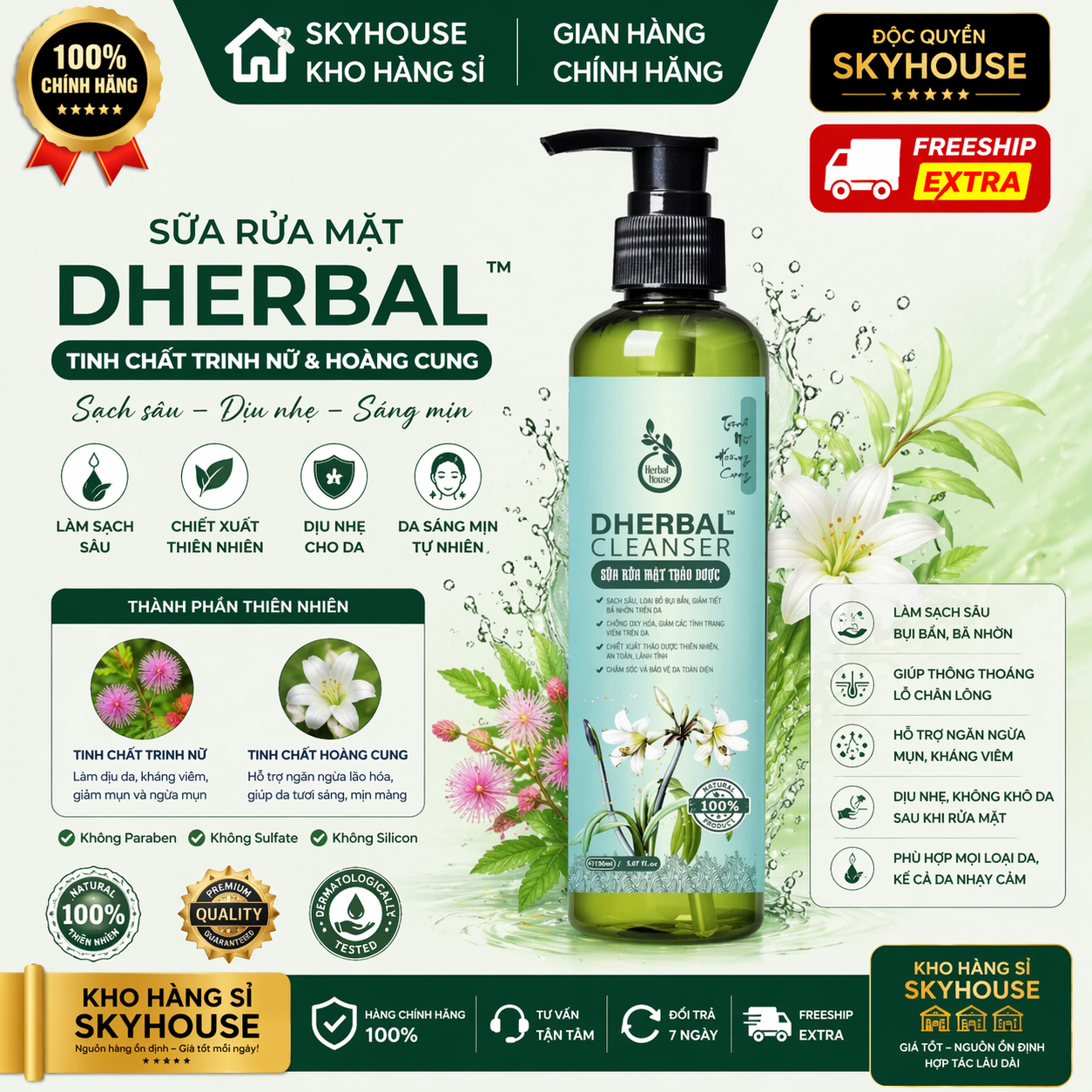 Sữa rửa mặt trị mụn thiên nhiên chiết xuất trinh nữ hoàng cung độc quyền DHERBAL chai 150ml dưỡng trắng da chính hãng