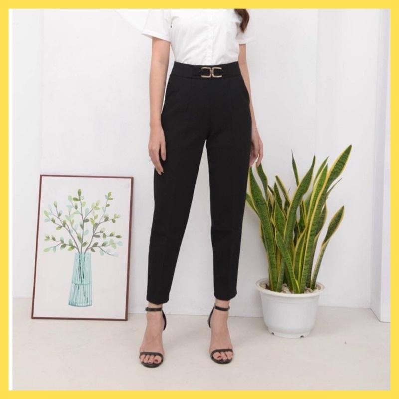 Quần baggy nữ ERIS cạp cao đai chữ x mặc công sở form đứng dáng (ảnh thật) - Đen