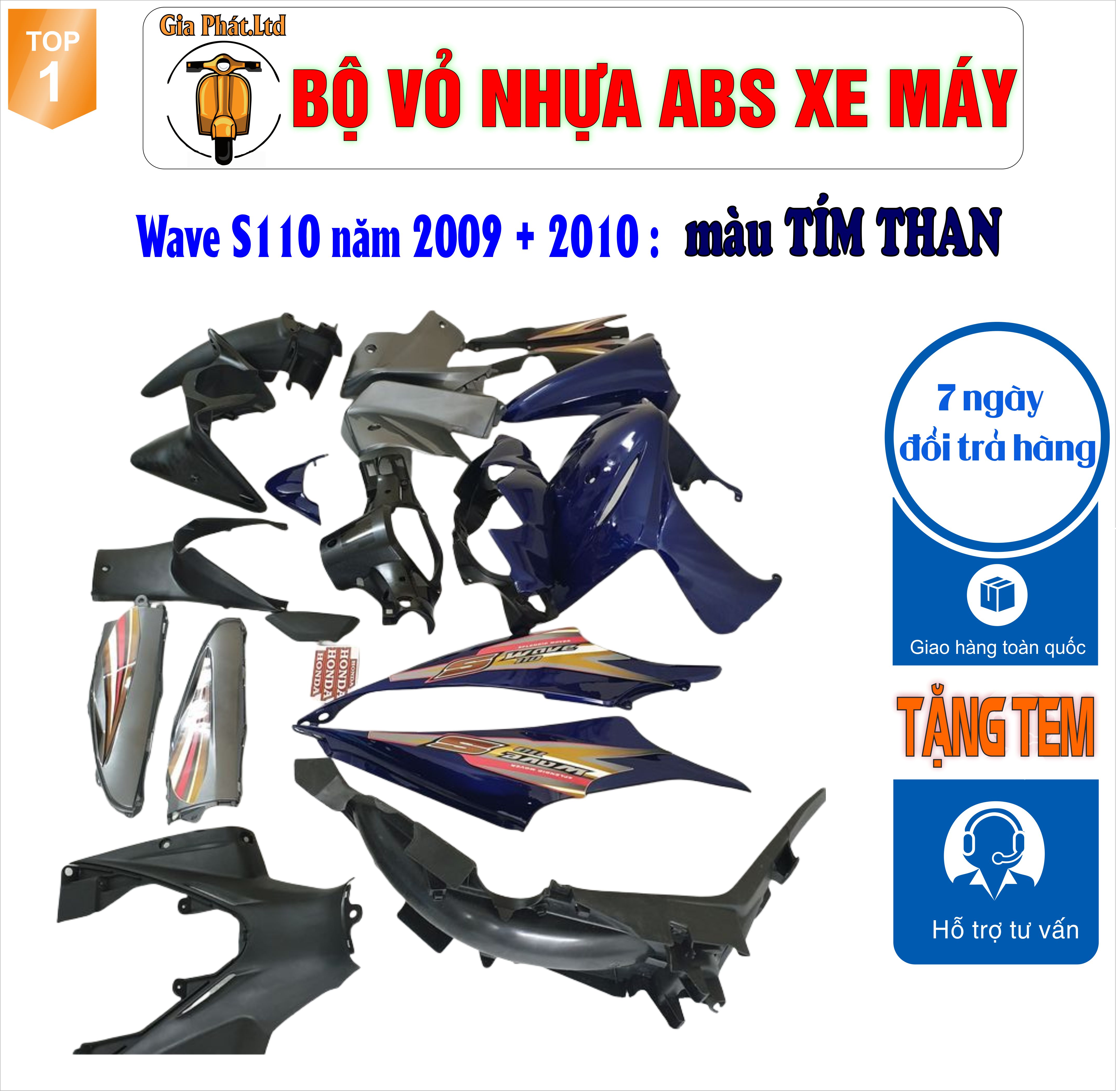 [Tặng tem] Bộ dàn áo xe WAVE S110 - RS110 màu XANH TÍM THAN , nhựa ABS nguyên sinh-TKB-1545-2345