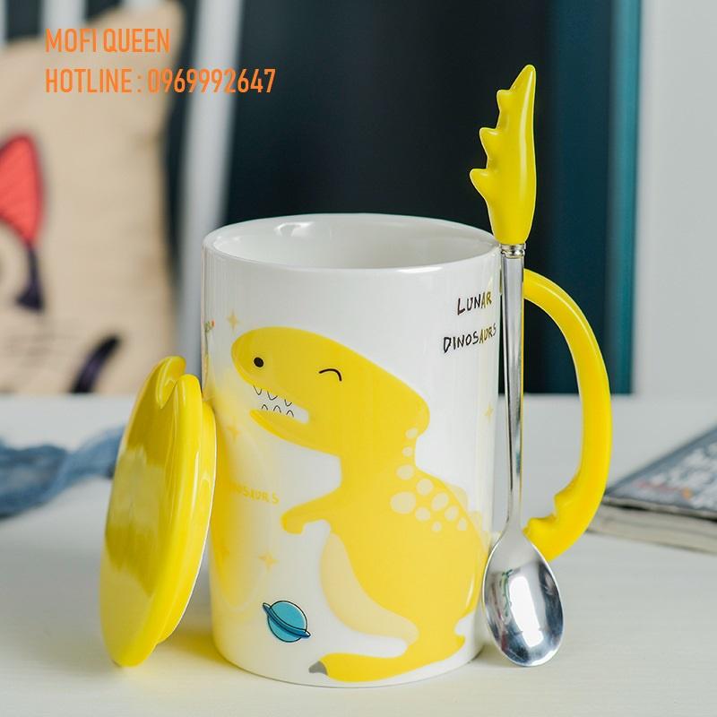 Ly sứ uống nước in hình khủng long kèm nắp và muỗng 450ml. Thích hợp làm quà lưu niệm, tặng bạn bè, người thân