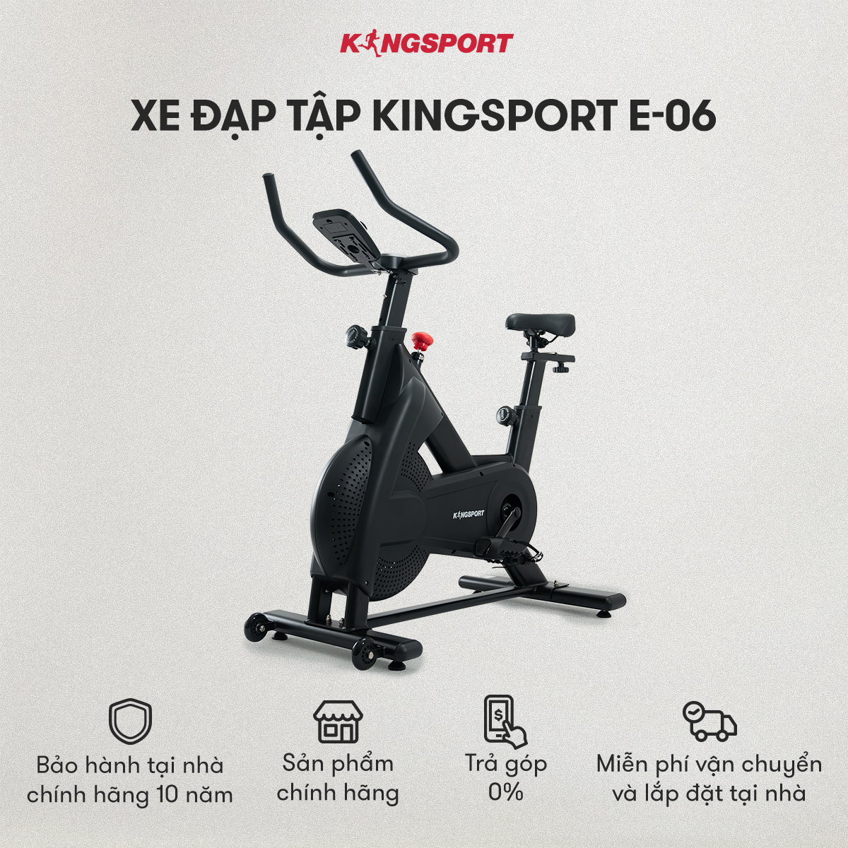 CHỈ GIAO MIỀN NAM I Xe đạp tập KINGSPORT Stronger E-06 kháng lực từ tính, tích hợp đồng hồ đo lường chỉ số, cân nặng phù hợp từ dưới 80-85kg