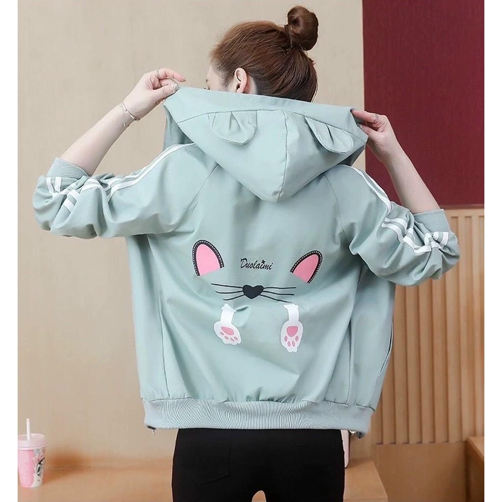Áo khoác nữ hồng dù 2 lớp unisex - Hoodie có mũ nón bomber form rộng chống nắng mùa đông tai thỏ, tai mèo