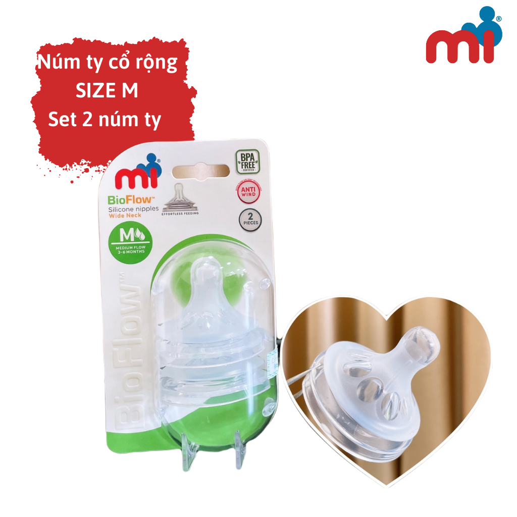 Núm ty cổ rộng Mi BIO Flow size M (vỉ 2 chiếc) Dành cho bé từ 3 tháng - 6 tháng - Nhập khẩu Thái Lan