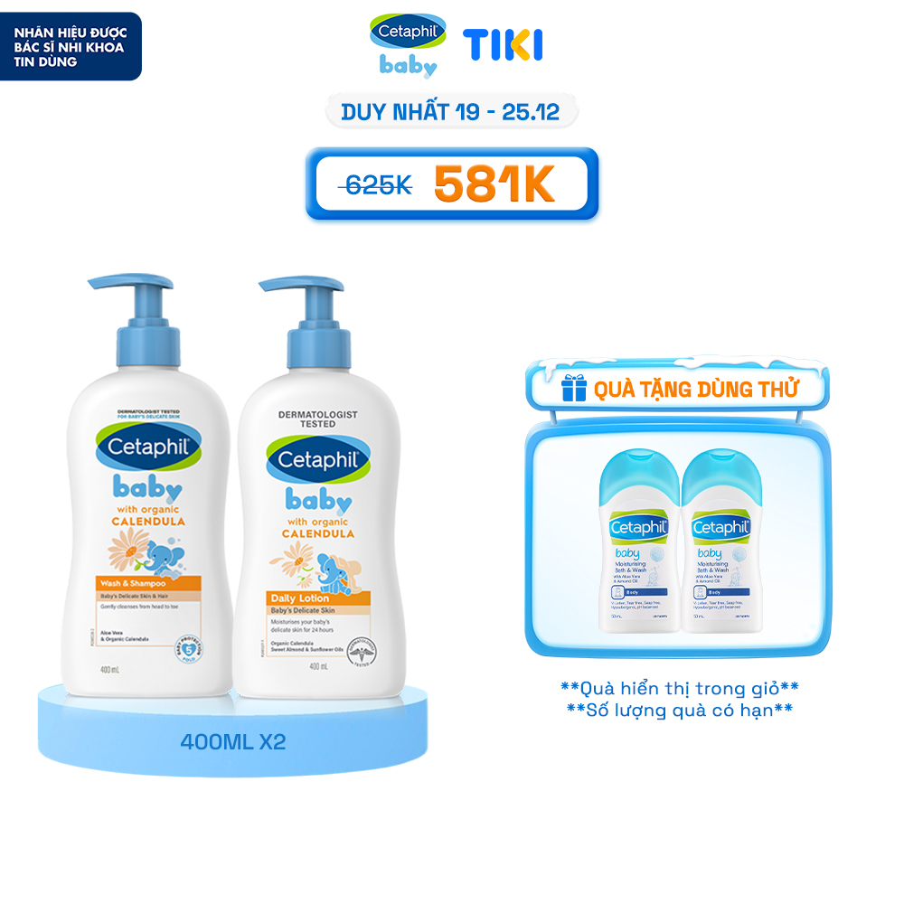 Combo Sữa tắm gội Cetaphil Baby W&S with Organic Calendula 400ml + Sữa dưỡng thể Cetaphil Baby with Organic Calendula 400ml