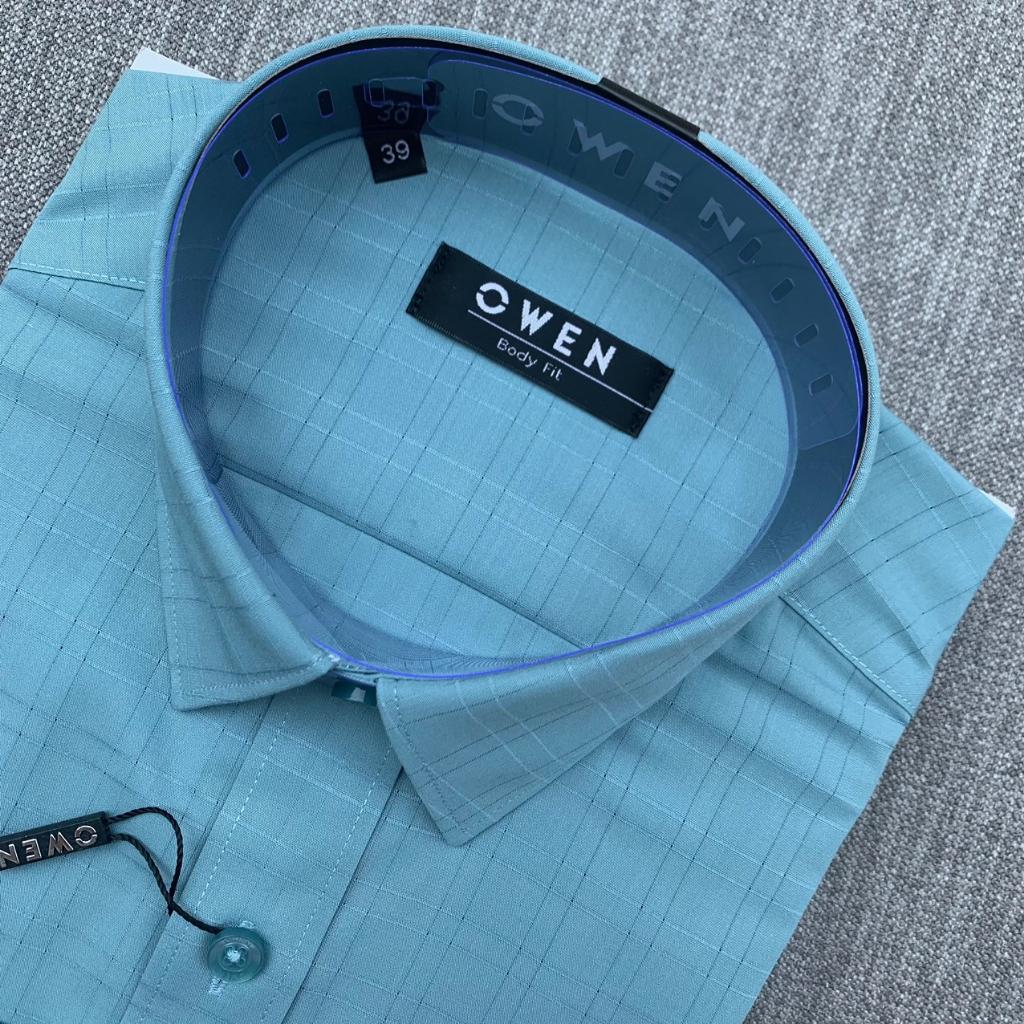 OWEN - Aó sơ mi ngắn tay Owen vạt ngang chất sợi tre màu xanh bạc hà kẻ ô chìm 230355