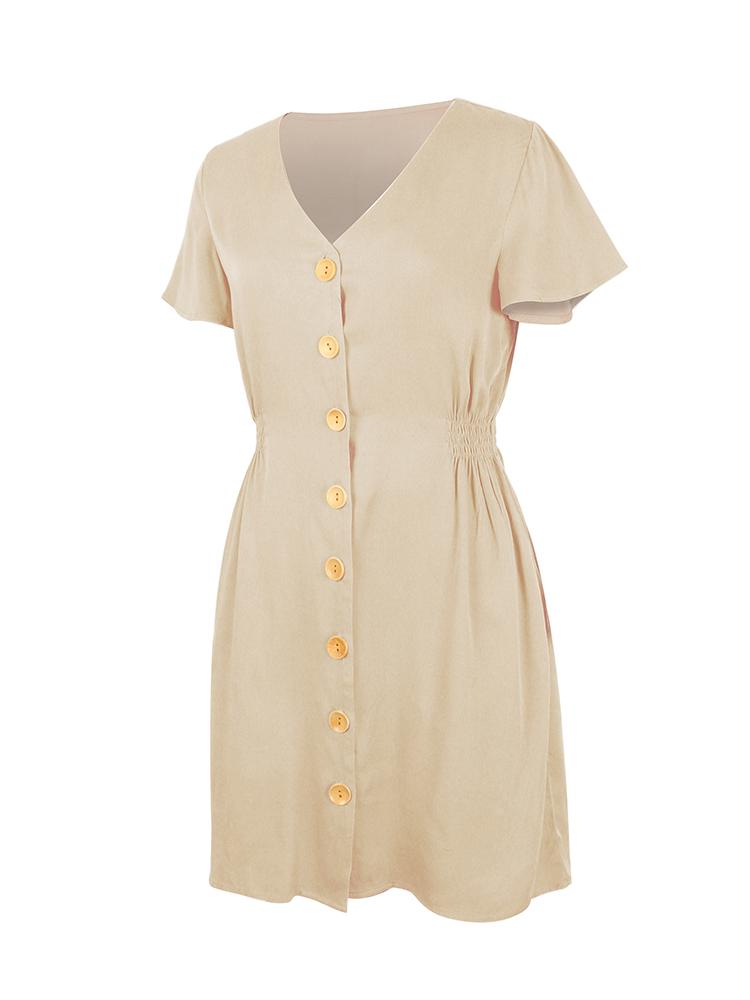 Fashion Women Summer Solid Color Dress V Neck Short Sleeve Buttons Ruched High Waist Casual Mini Dress