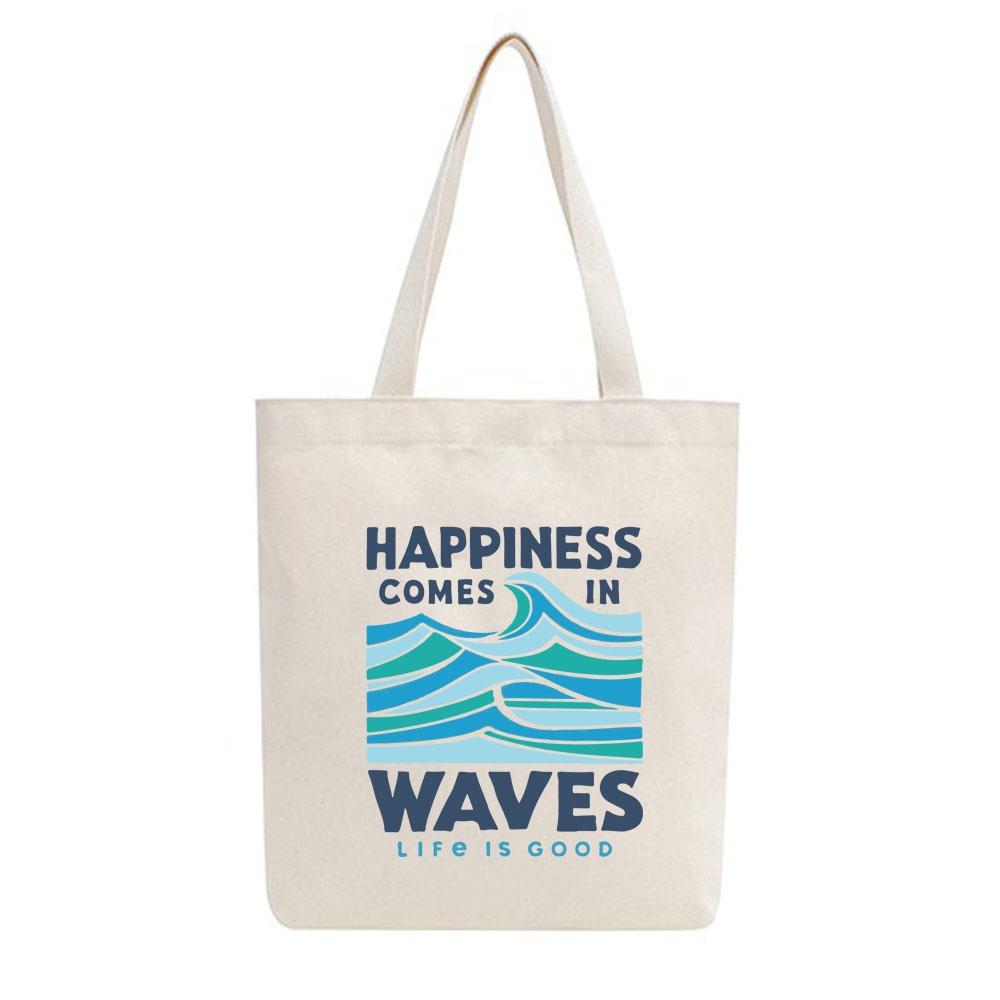 Túi tote vải mộc Tiệm nhà Pony dây kéo in hình Happiness comes in waves PM20