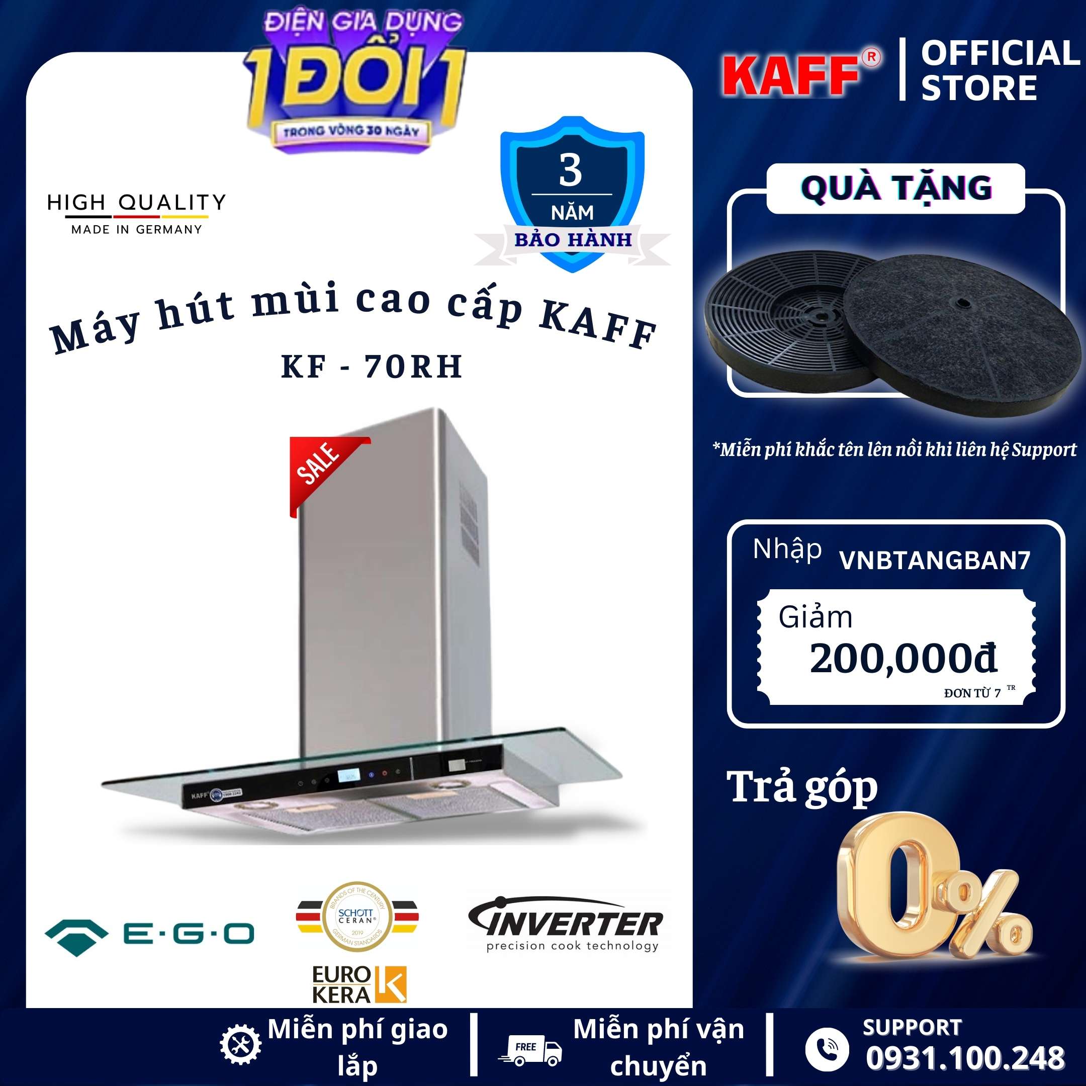 Máy hút mùi toa kính cảm ứng 700mm KAFF KF_70RH Tặng bộ lọc than thay thế _ Hàng Chính Hãng