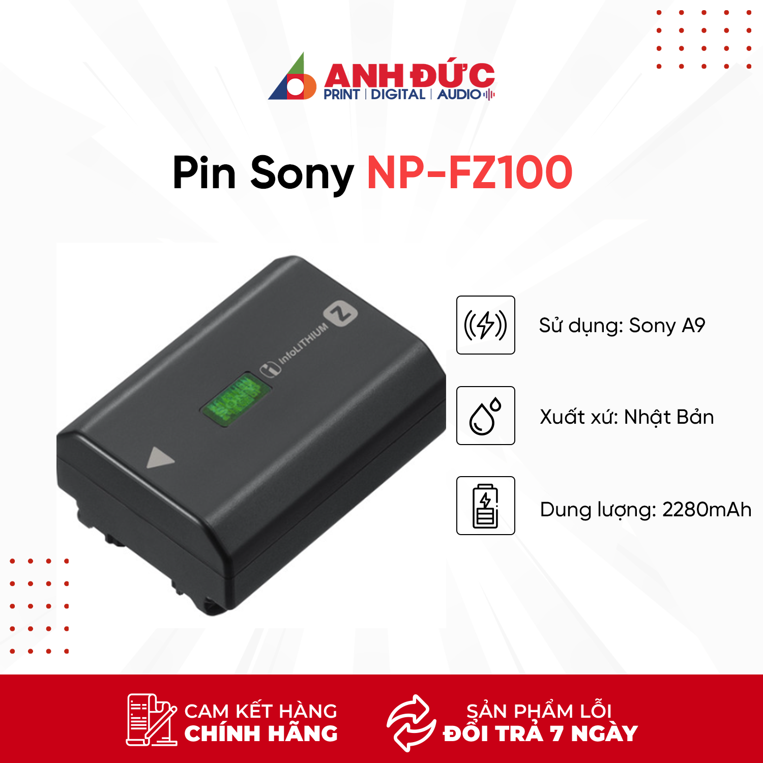 Pin Sony NP-FZ100 Dùng Cho Sony A9, Sony A7III, A7RIII - Hàng Chính Hãng