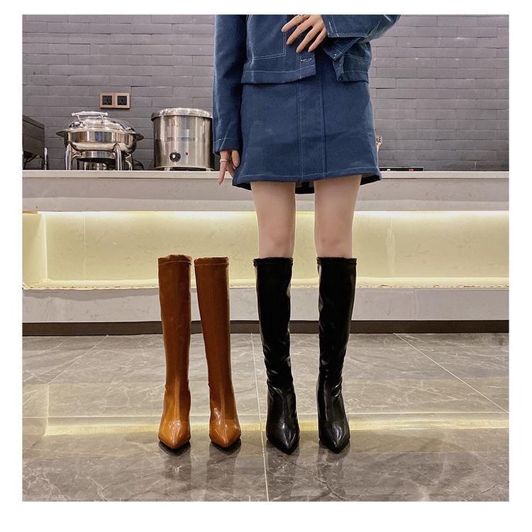 SẴN Boots Đùi Da Mũi Nhọn Gót Cao 6.9cm Sang Chảnh Quảng Châu Cao Cấp Siêu Rẻ