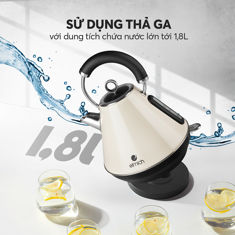 Ấm đun siêu tốc Elmich KEE-1778 (Mầu Kem, Dung Tích 1,8 Lít, Công Suất 2200W, Có thang báo mực nước) - Hàng Chính Hãng