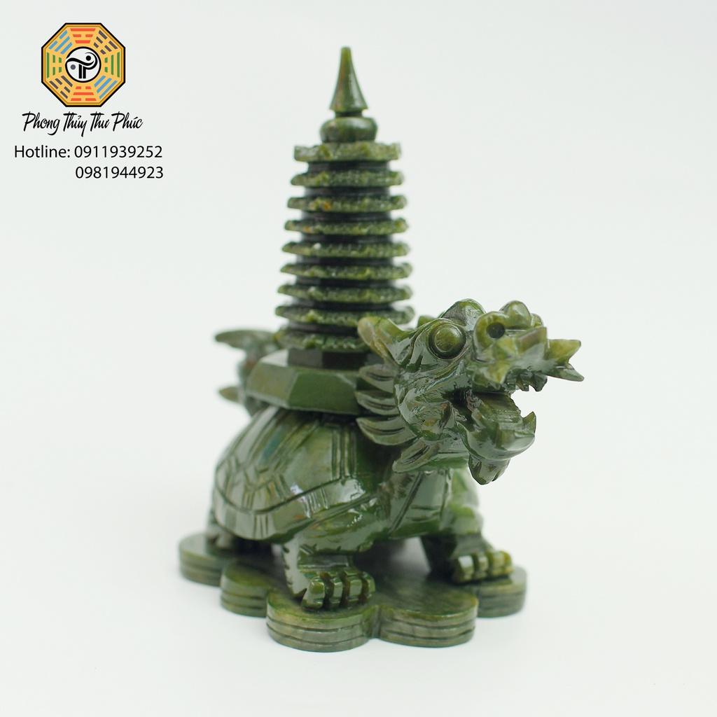 Tượng Long Quy cõng tháp văn xương 9 tầng , đá sarphentine  màu xanh,Kích thước cao 18 x 17 x 10 cm, nặng 1,3kg
