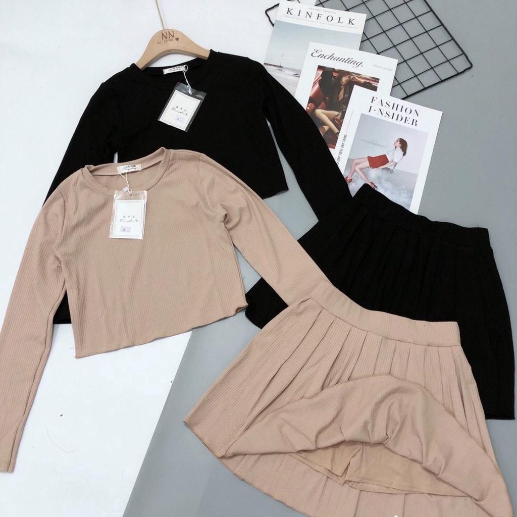 Váy set áo croptop kèm chân váy xếp ly