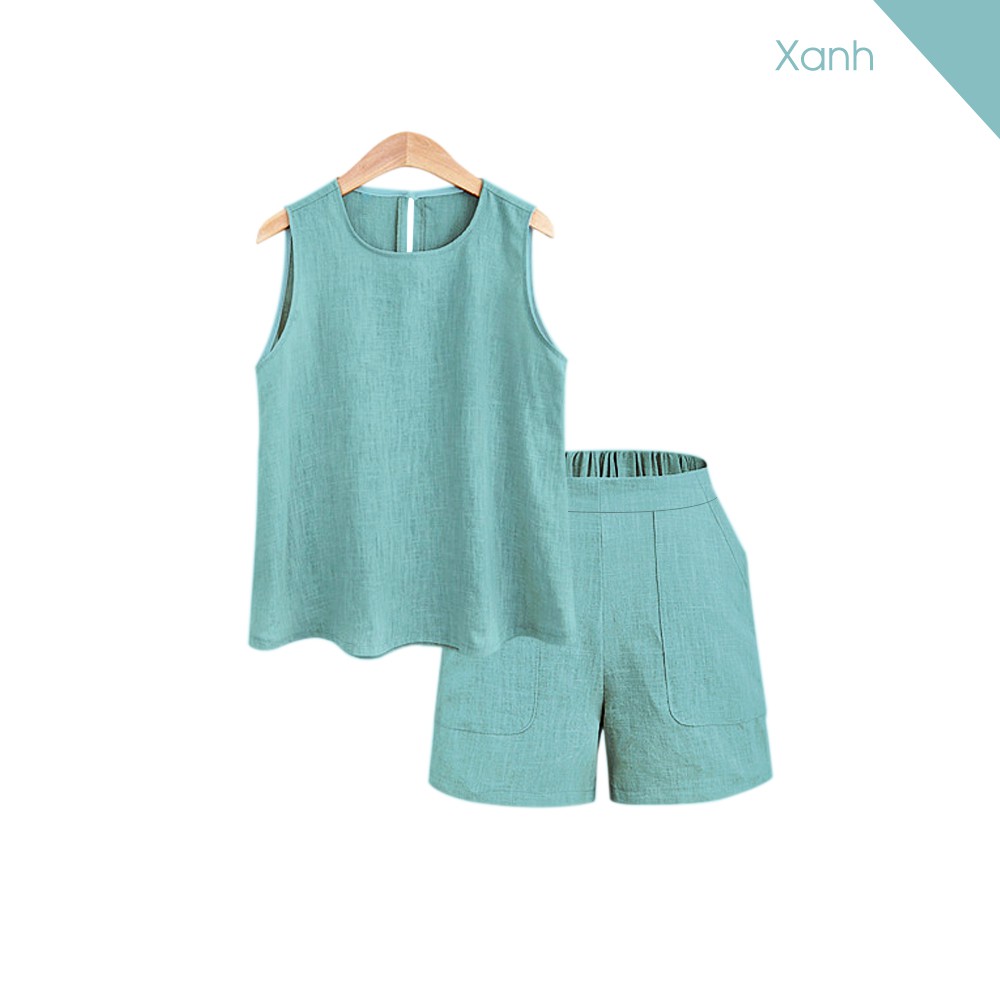 Set áo khoét nách quần sooc cạp chun vải đũi xước  mùa hè phong cách Hàn Quốc cao cấp, 3 màu đủ size 40-60 Kg