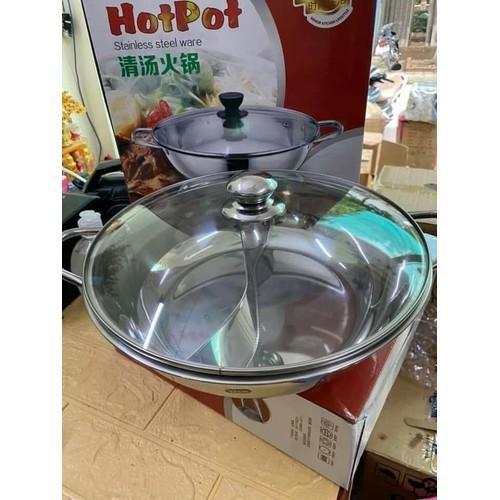Nồi Lẩu 2 Ngăn 30cm Kèm Nắp Kính Dùng Được Cho Bếp Từ