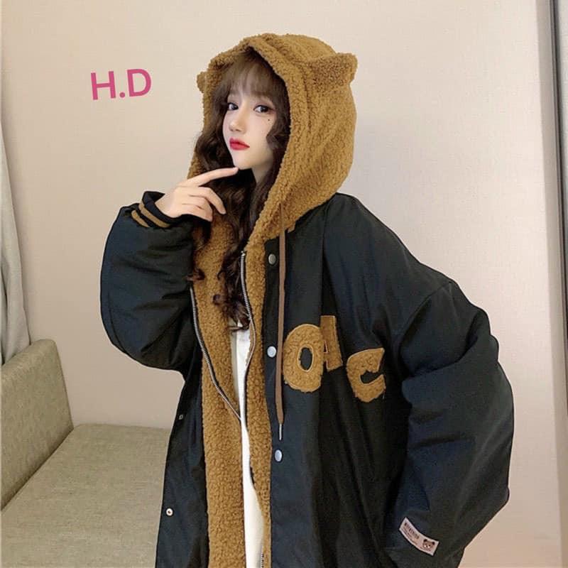 Áo Khoác Kaki Nữ Mũ Tai Gấu thêu chữ,Áo lông chầnlông mềm mịn siêu ấm mùa đông thời trang Hàn Quốc