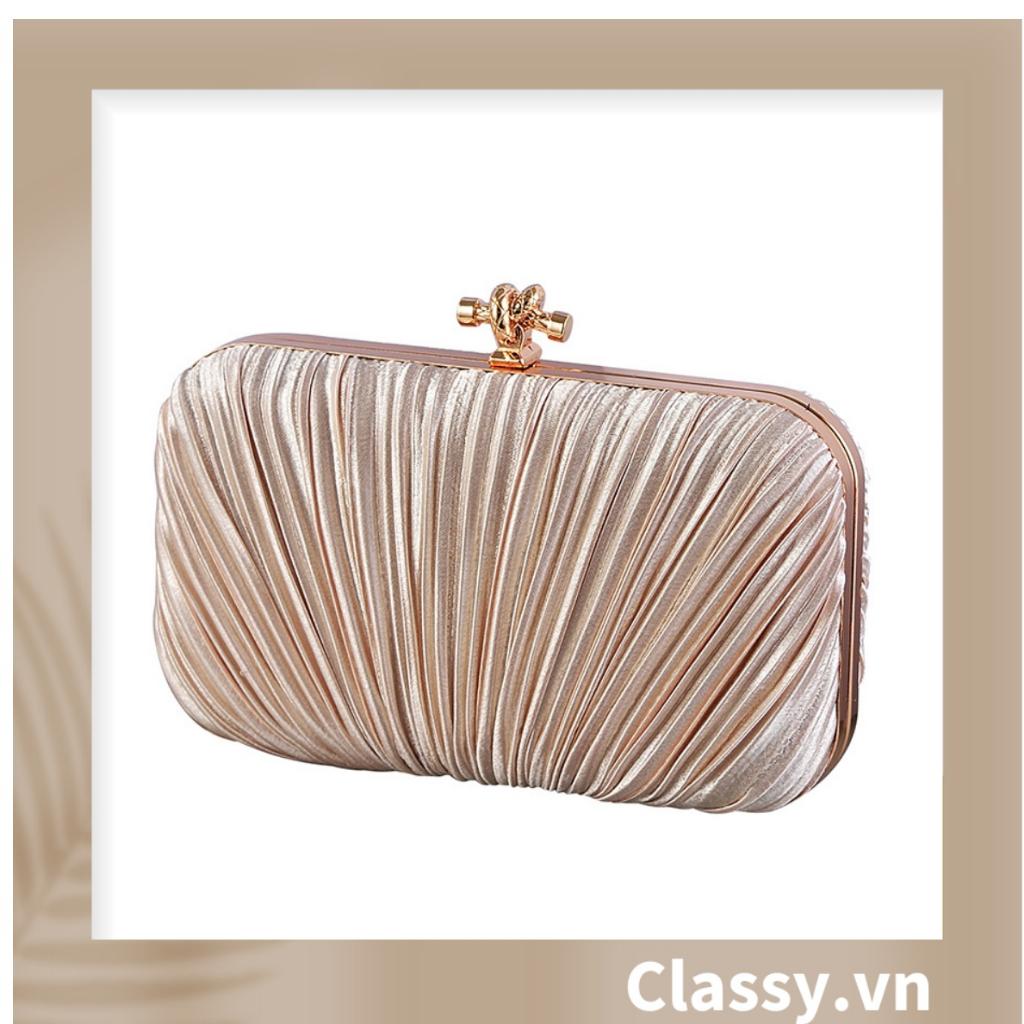 Clutch Classy cầm tay đi tiệc màu be, vải Satin Mịn Xinh Sang Dài 18 X Rộng 10 CM, dây đeo chuỗi hạt T006