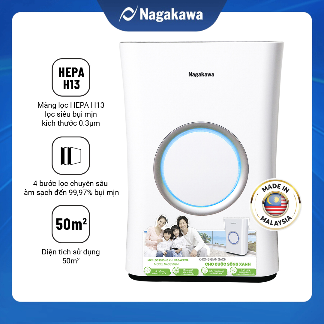 Máy Lọc Không Khí Cảm Biến, Tạo Ion Cho Diện Tích 50m2 Nagakawa NAG3502M - Hàng Chính Hãng