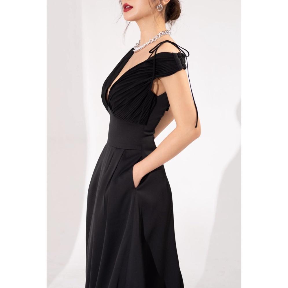 Đầm maxi đen đi tiệc sang trọng, thiết kế cổ V dáng xòe CAO CẤP
