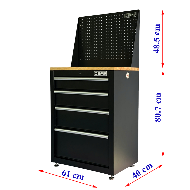 Tủ dụng cụ CSPS 61cm - 04 hộc kéo màu đen chân tăng chỉnh ván gỗ vách lưới (tay cầm trắng)