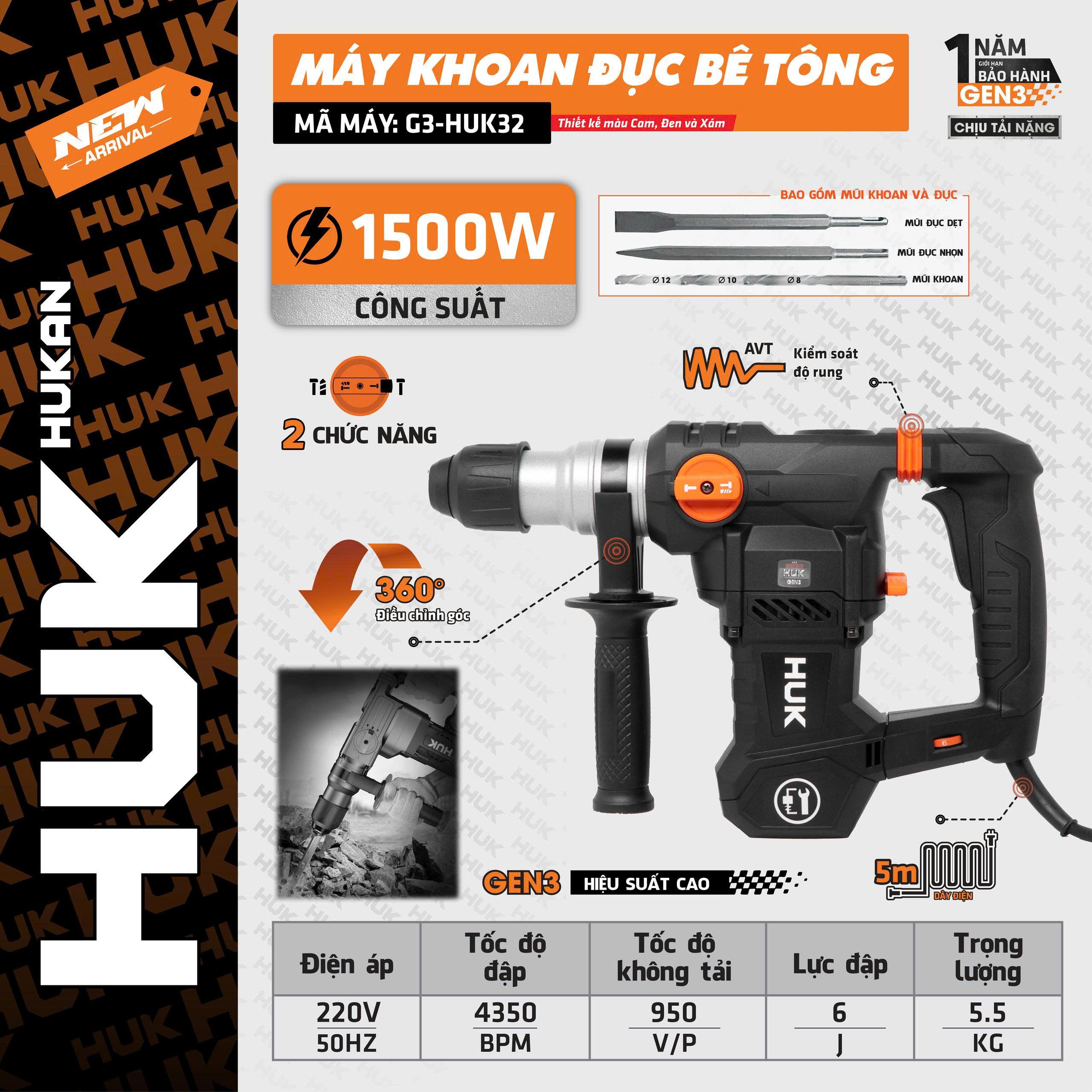 MÁY ĐỤC BÊ TÔNG 1500W G3-HUK32 HUKAN -HÀNG CHÍNH HÃNG