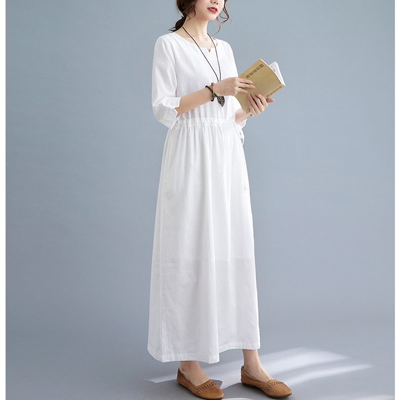 Đầm trắng linen công sở dáng maxi, họa tiết trơn basic, thiết kế tay lỡ xinh CS78