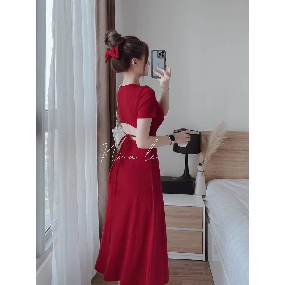 Đầm thun xoè midi hở lưng dây cột nơ siêu hot
