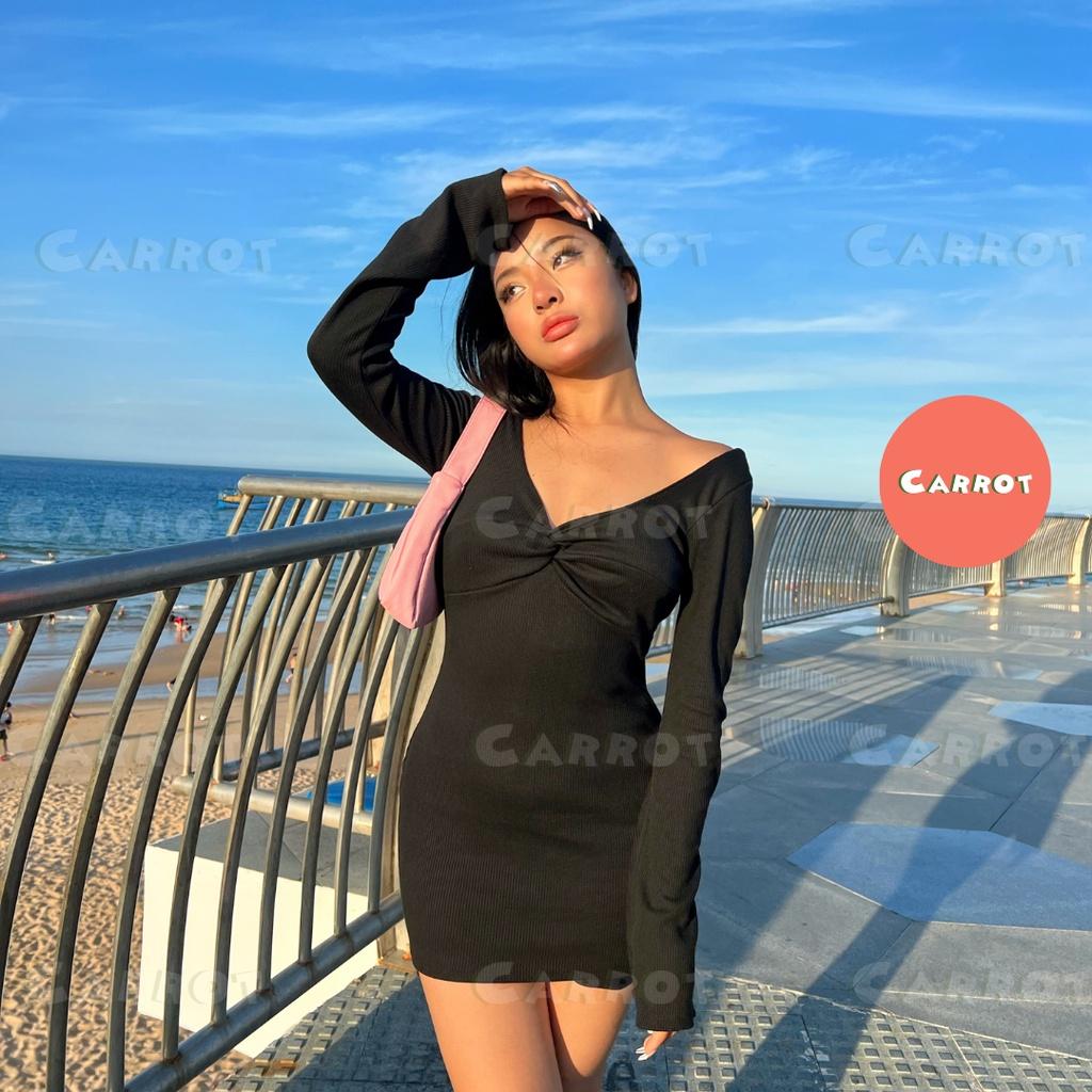 Đầm body trắng sexy tay dài dự tiệc váy dáng ôm khoét ngực soắn ngực chất thun co giãn tốt freesize carrotxinhdep