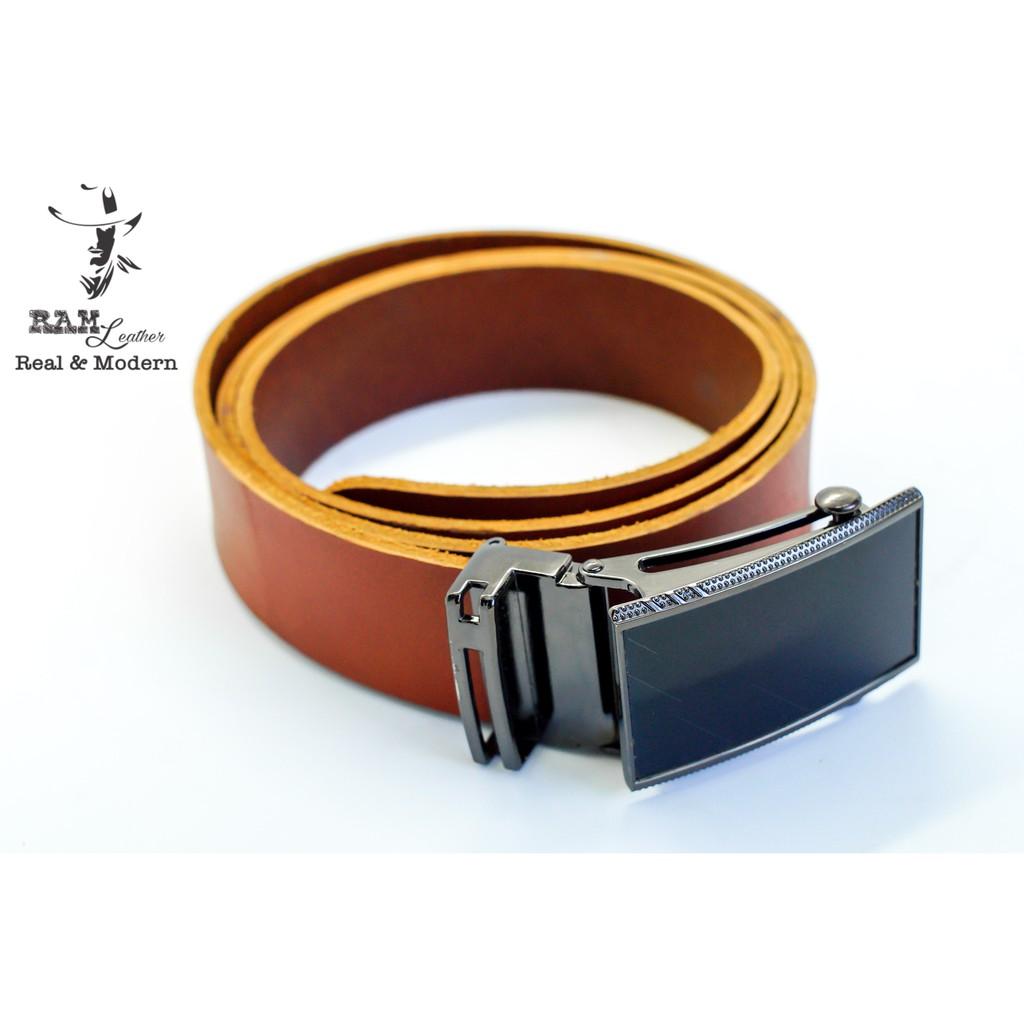 Thắt lưng nam da bò vegtan thảo mộc Ý cao cấp bền chắc khóa đen sọc chéo - RAM Leather