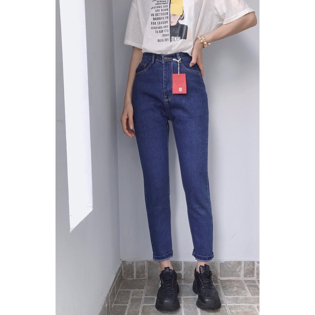 Quần jean baggy quần bò cạp cao chất cotton không co dãn màu xanh rách gối