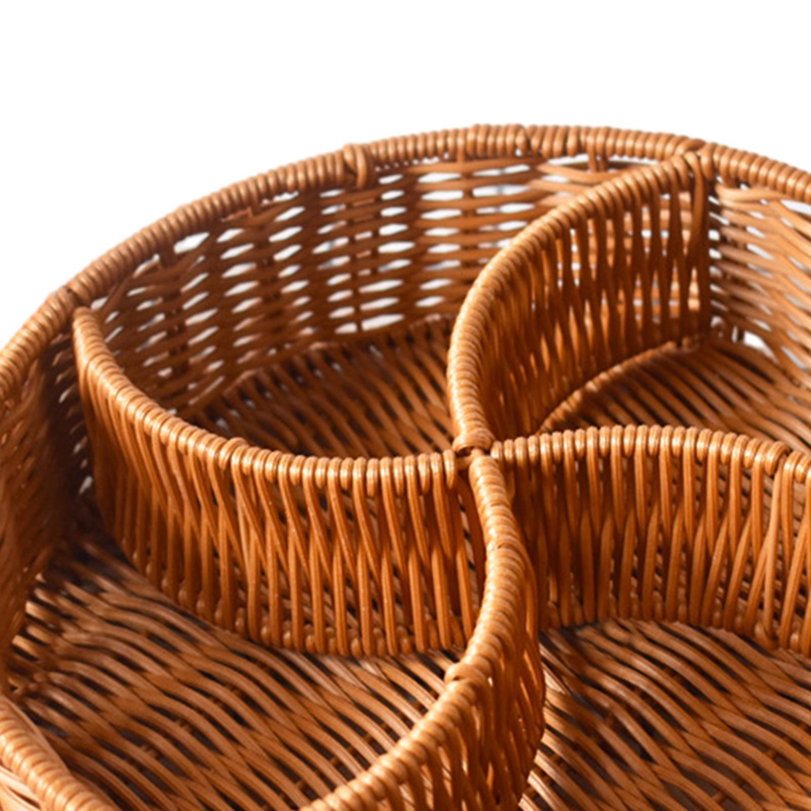 Hand Woven Serving Basket Food Storage Tray Divided Dividers Candy Serving Tray Round Fruit Basket for Hotel Breakfast Pantry