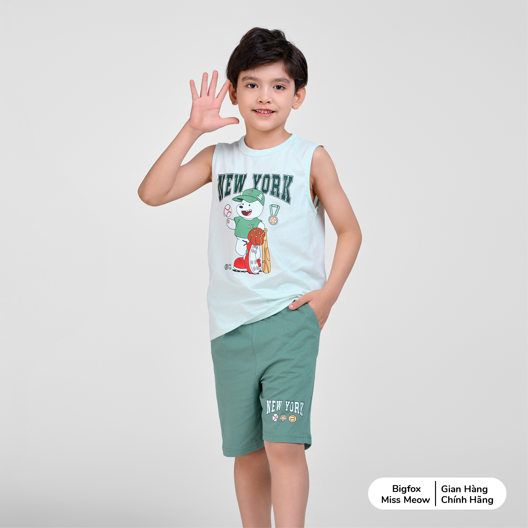 Bộ ba lỗ cho bé trai Bigfox Miss Meow chất cotton in Gấu size đại 3,7,9,11 tuổi 30kg 40kg