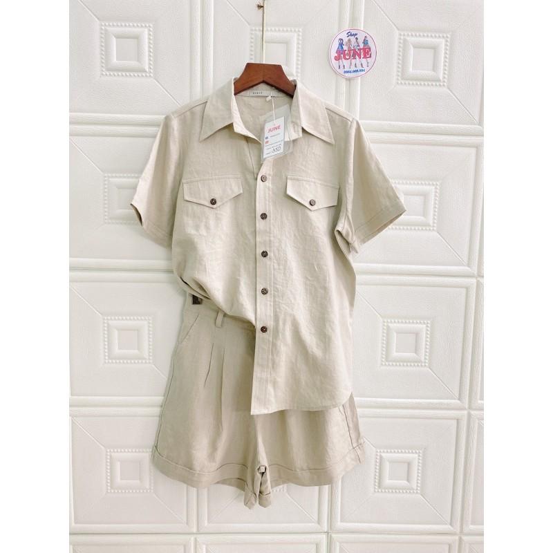 Set bộ LINEN BỘT Áo sơ mi short - Full size. Hàng thiết kế nhà June S04, Videohình shop tự quaychụp - Set Beige - Size L-Xl