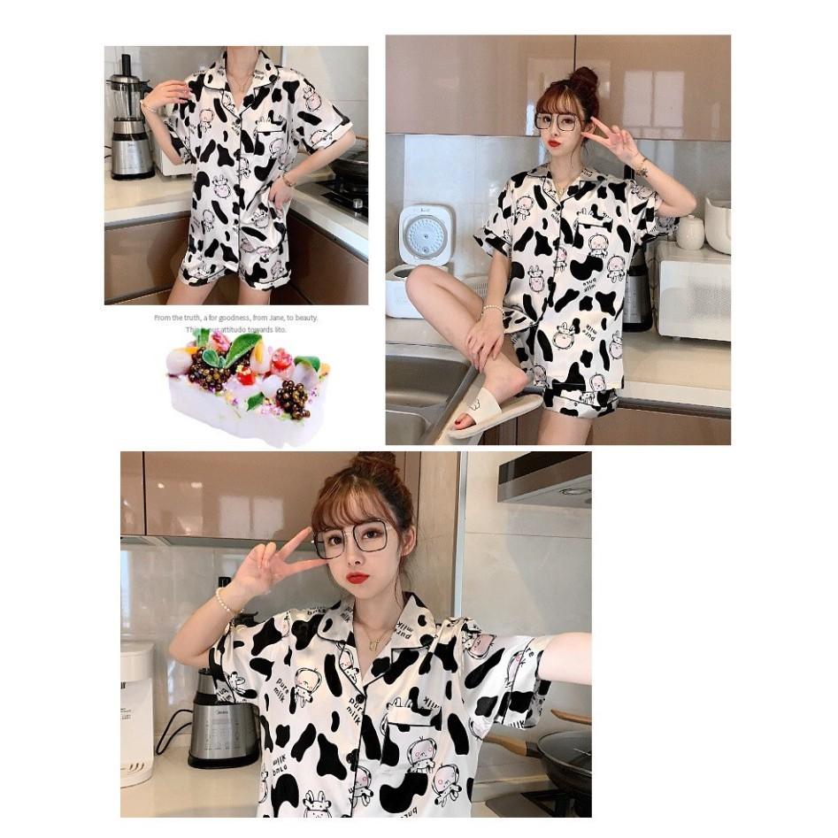 Bộ Pijama lụa cho nữ họa tiết Bò Sữa hot nhất mùa hè 2021- Bộ ngủ đồ mặc nhà chất vải trơn nhẹ cực chất B053