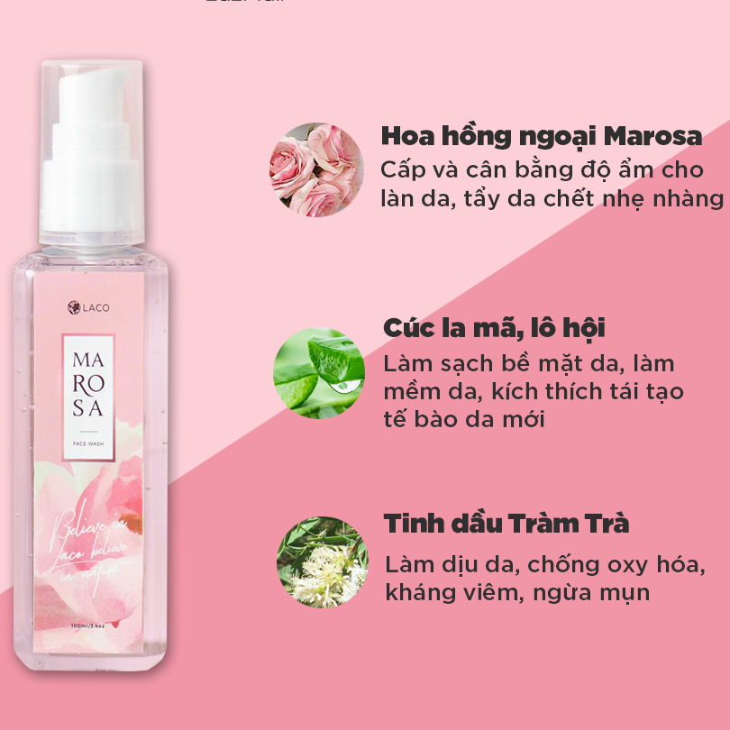 Sữa Rửa Mặt Laco Marosa Dưỡng Ẩm Ngăn Ngừa Làm Sạch Da Dịu Nhẹ Thơm Tho Se Khít Lỗ Chân Lông - 100% Từ Tự Nhiên Cúc La Mã Hoa Hồng Chàm Trà Lô Hội - Massel Official - Chai 100ml