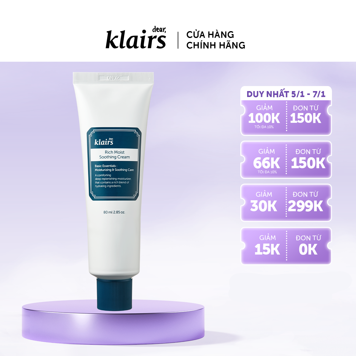 Kem dưỡng Dear Klairs Rich Moist Soothing Cream 80 ml