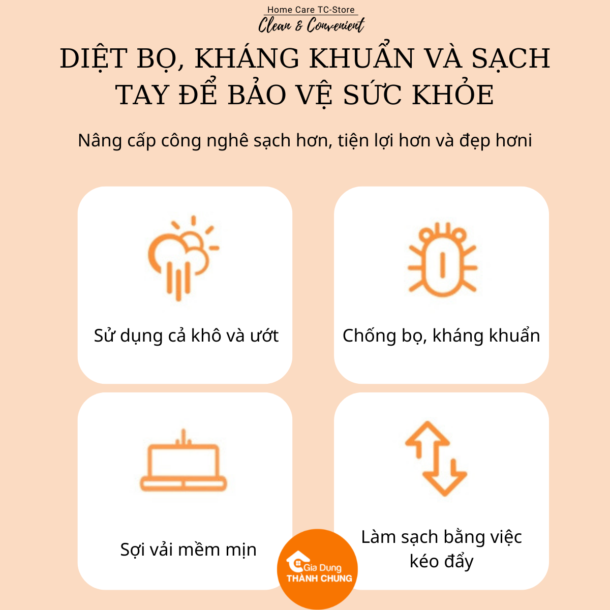 Cây lau nhà Thành Chung 2 in 1 Phun Sương Tự Vắt Tiện Lợi Có Kèm 2 Miếng Giẻ Thay Thế