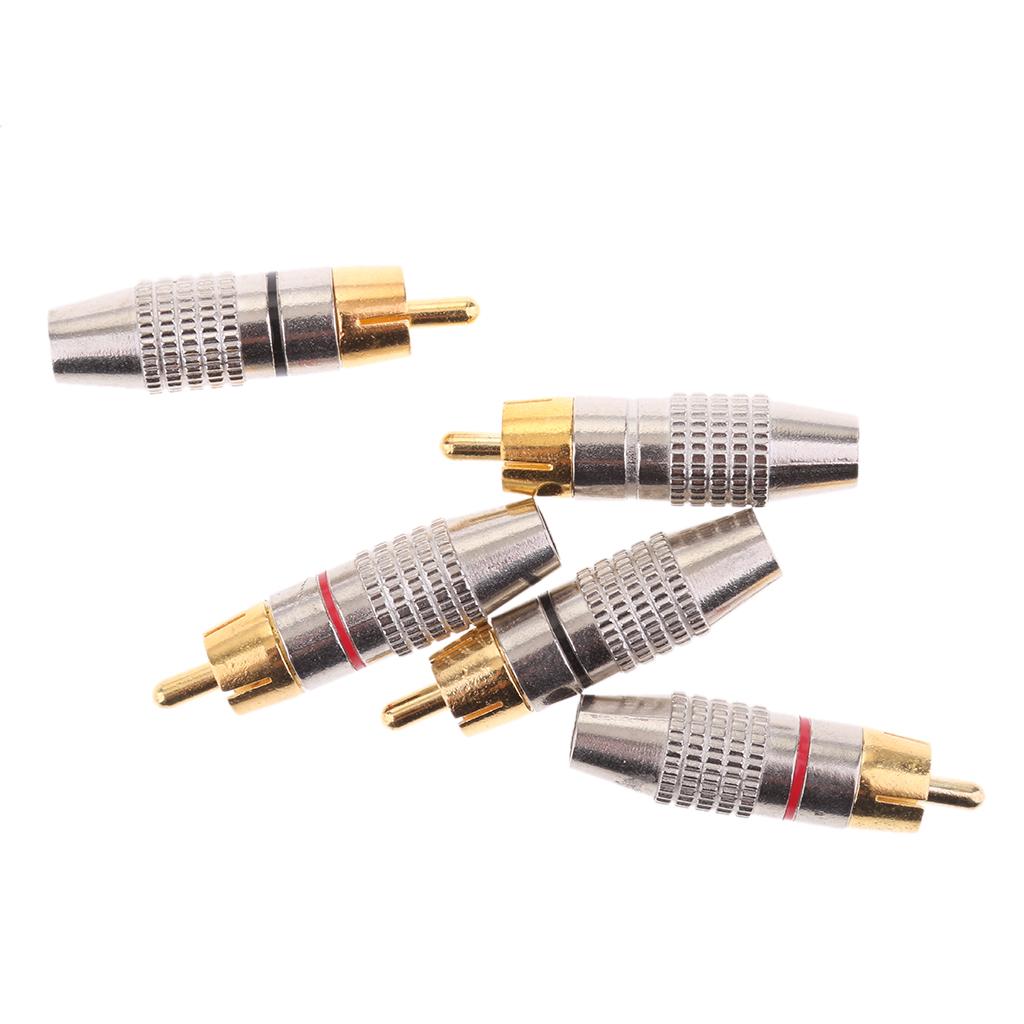 5X RCA Plug Male Solderless Gold Plated Audio Video Adapter Connector